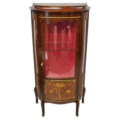 Retro French Louis XV Style Small Curio Display Cabinet Bowed Glass and Inlay