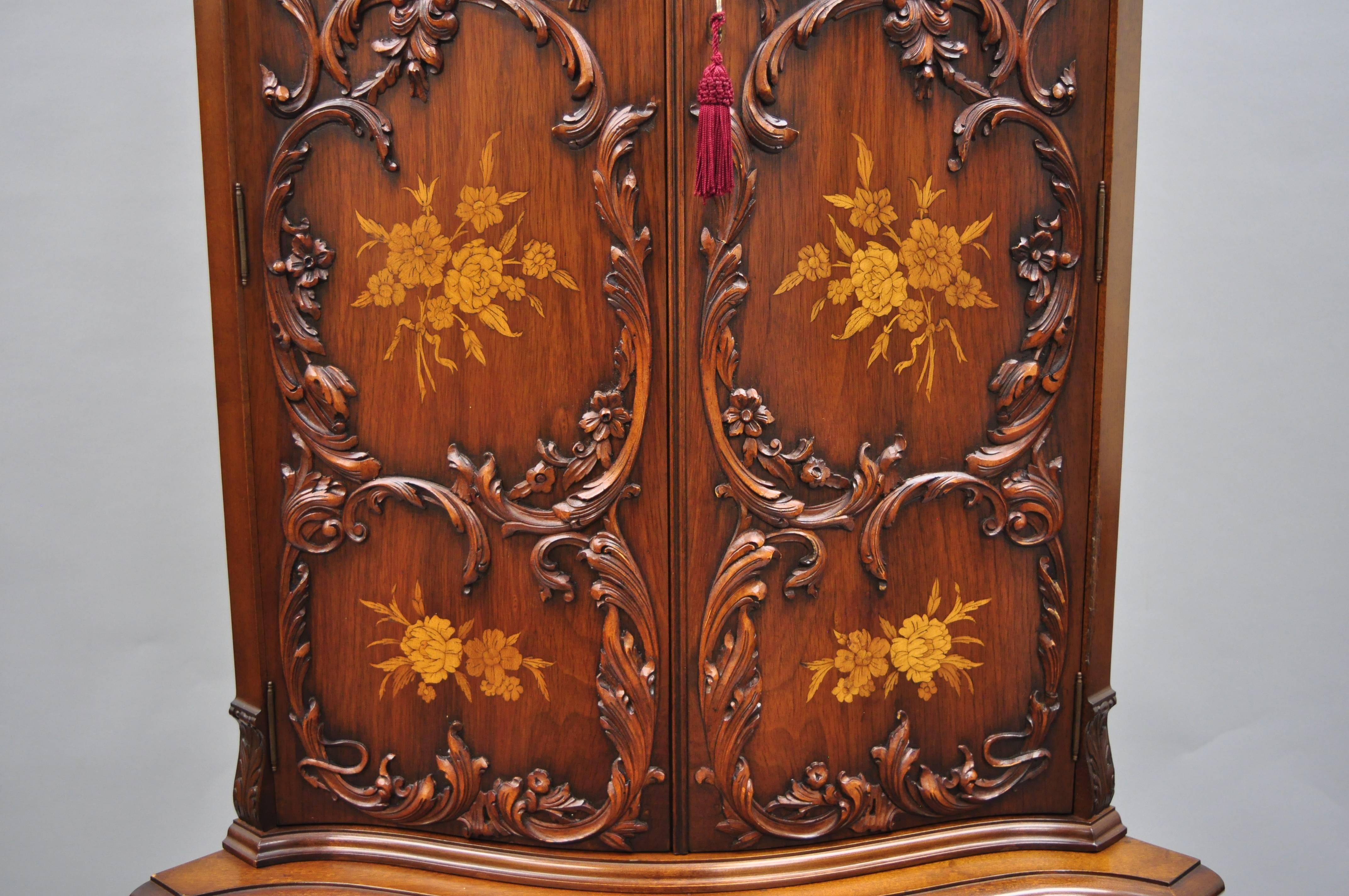 Carved French Louis XV Style Small Walnut Satinwood Inlay Corner Curio China Cabinet For Sale