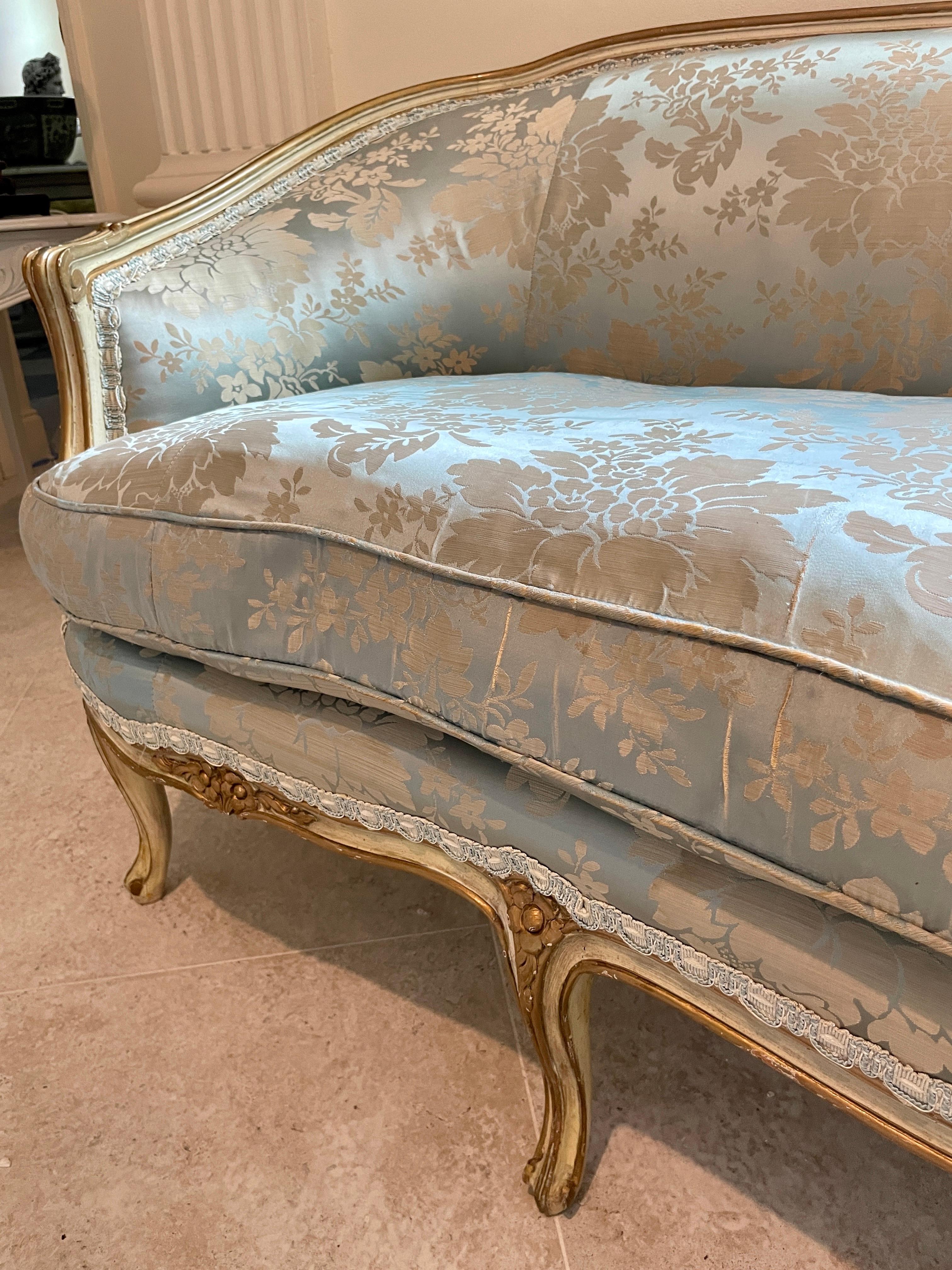 French Louis XV Style Sofa Down Filled in Blue Silk Damask 3