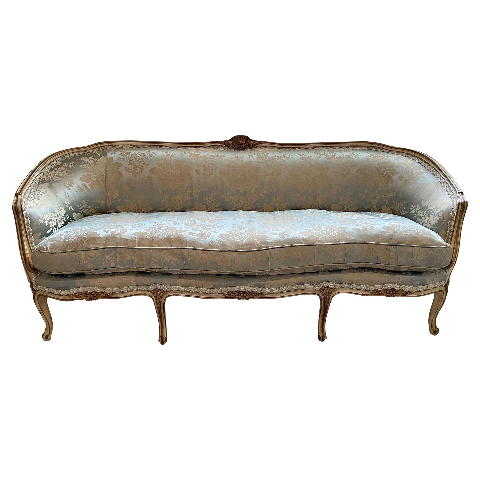 French Louis XV Style Sofa Down Filled in Blue Silk Damask