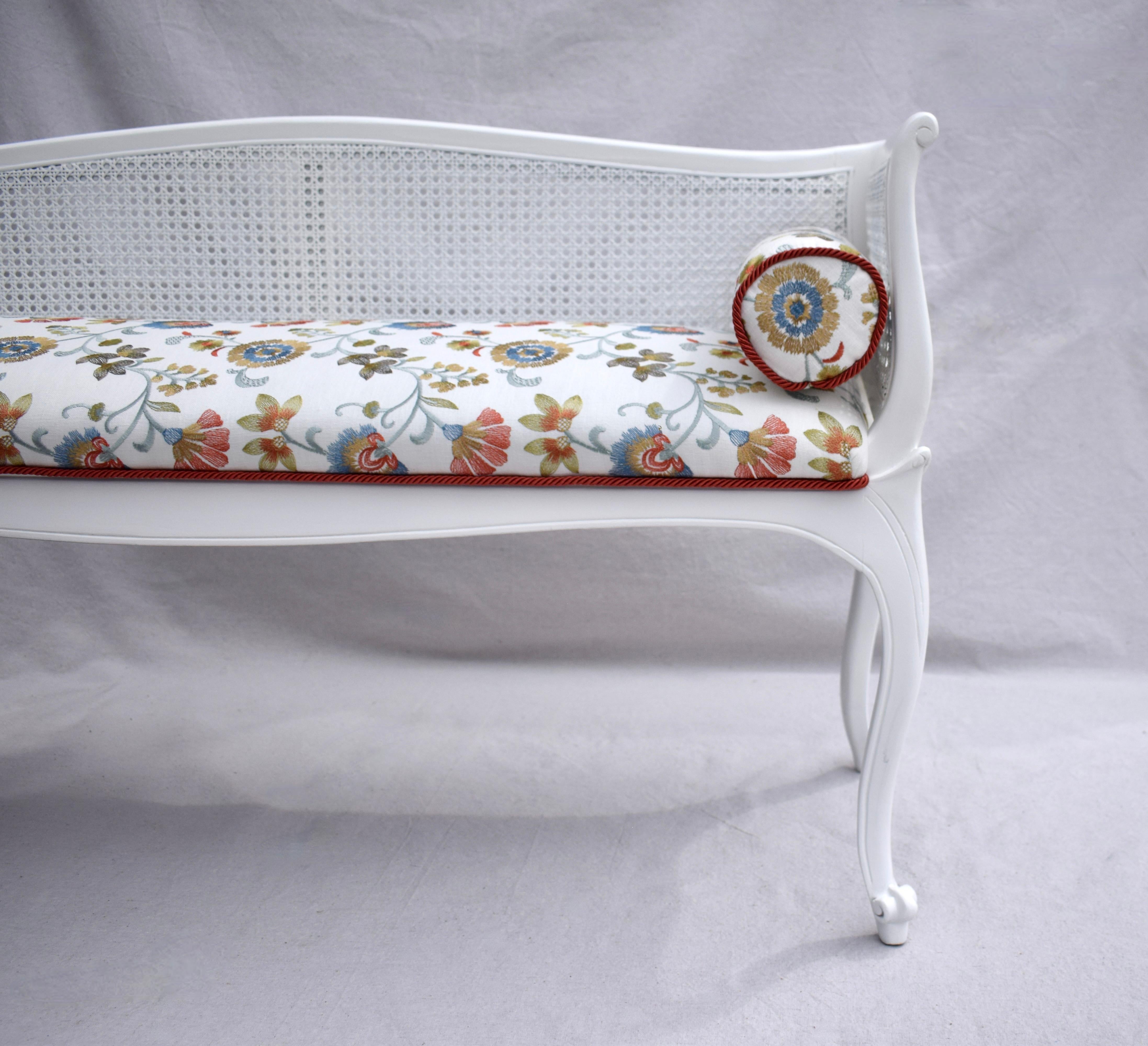 French Louis XV Style Spring Floral Caned Window Bench Settee For Sale 2