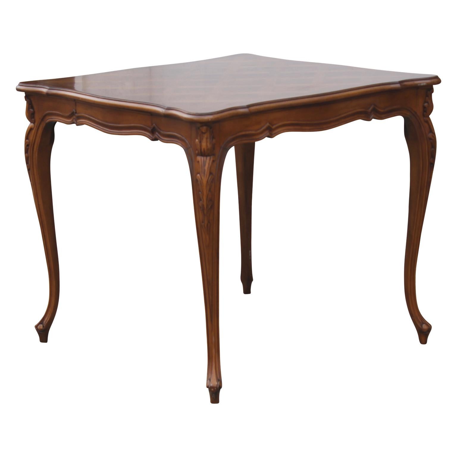 Lovely French Louis XV style walnut square game table by Karges Furniture. This piece features wonderfully detailed French style legs and lovely parquet tabletop.