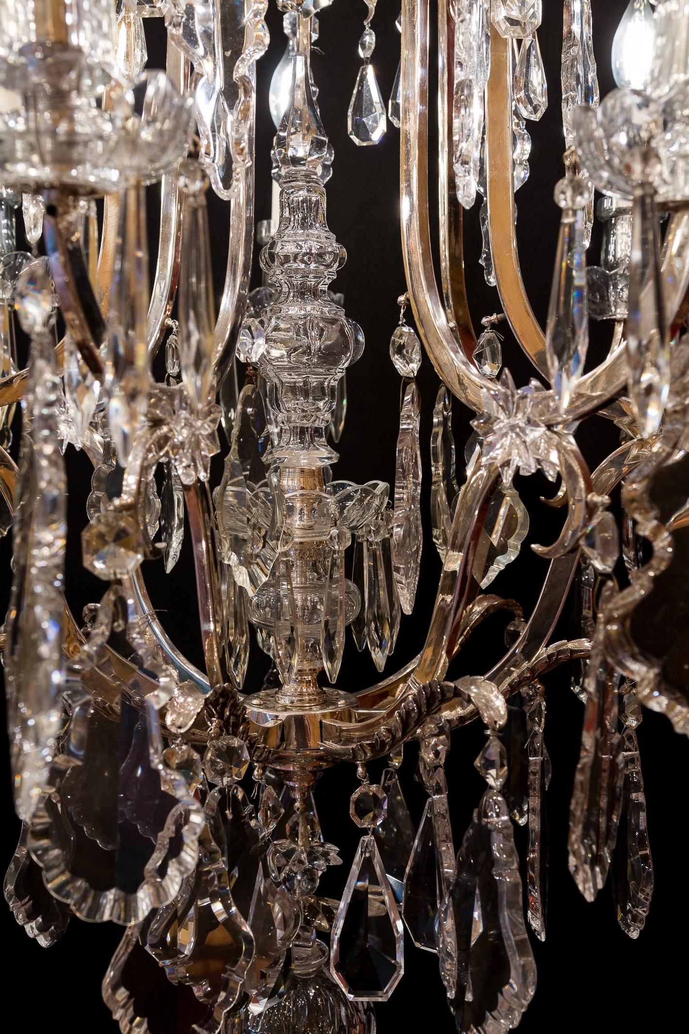 French Louis XV Style, Silver-Plate and Cut-Crystal Chandelier, circa 1920 For Sale 6