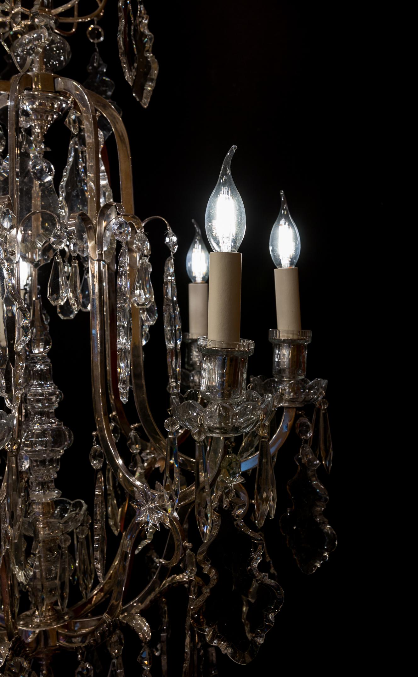French Louis XV Style, Silver-Plate and Cut-Crystal Chandelier, circa 1920 For Sale 9