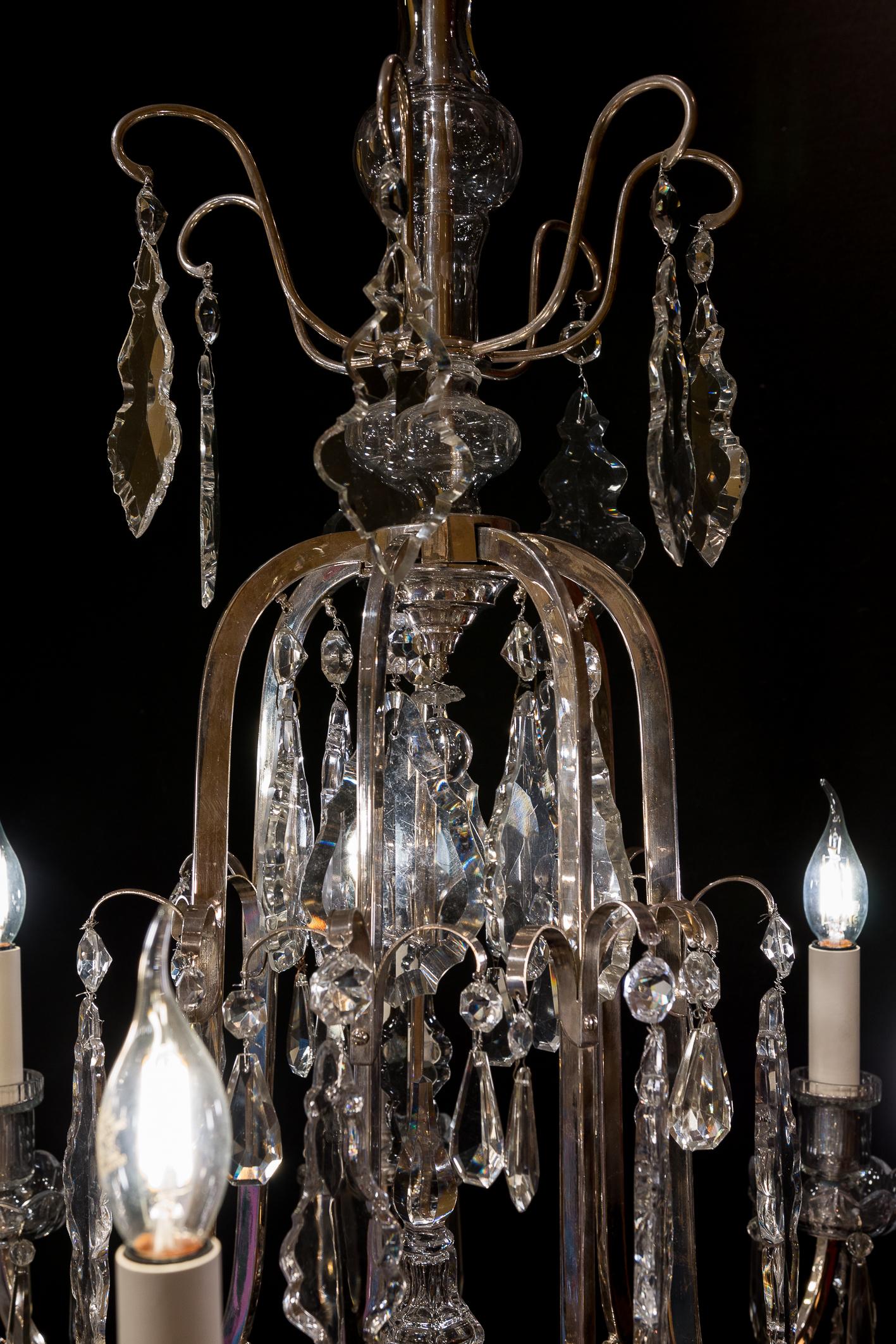 20th Century French Louis XV Style, Silver-Plate and Cut-Crystal Chandelier, circa 1920 For Sale