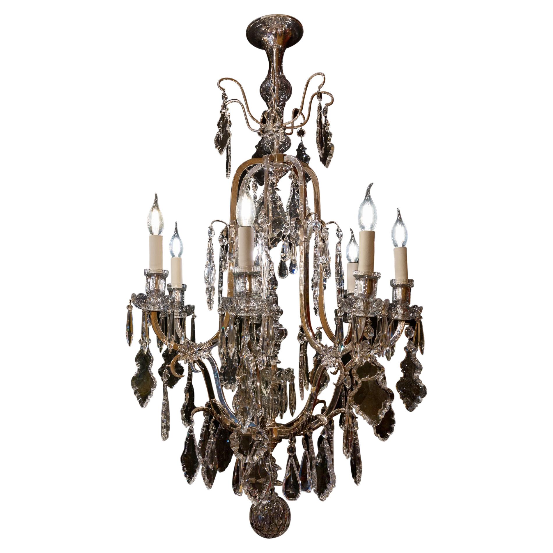 French Louis XV Style, Silver-Plate and Cut-Crystal Chandelier, circa 1920 For Sale
