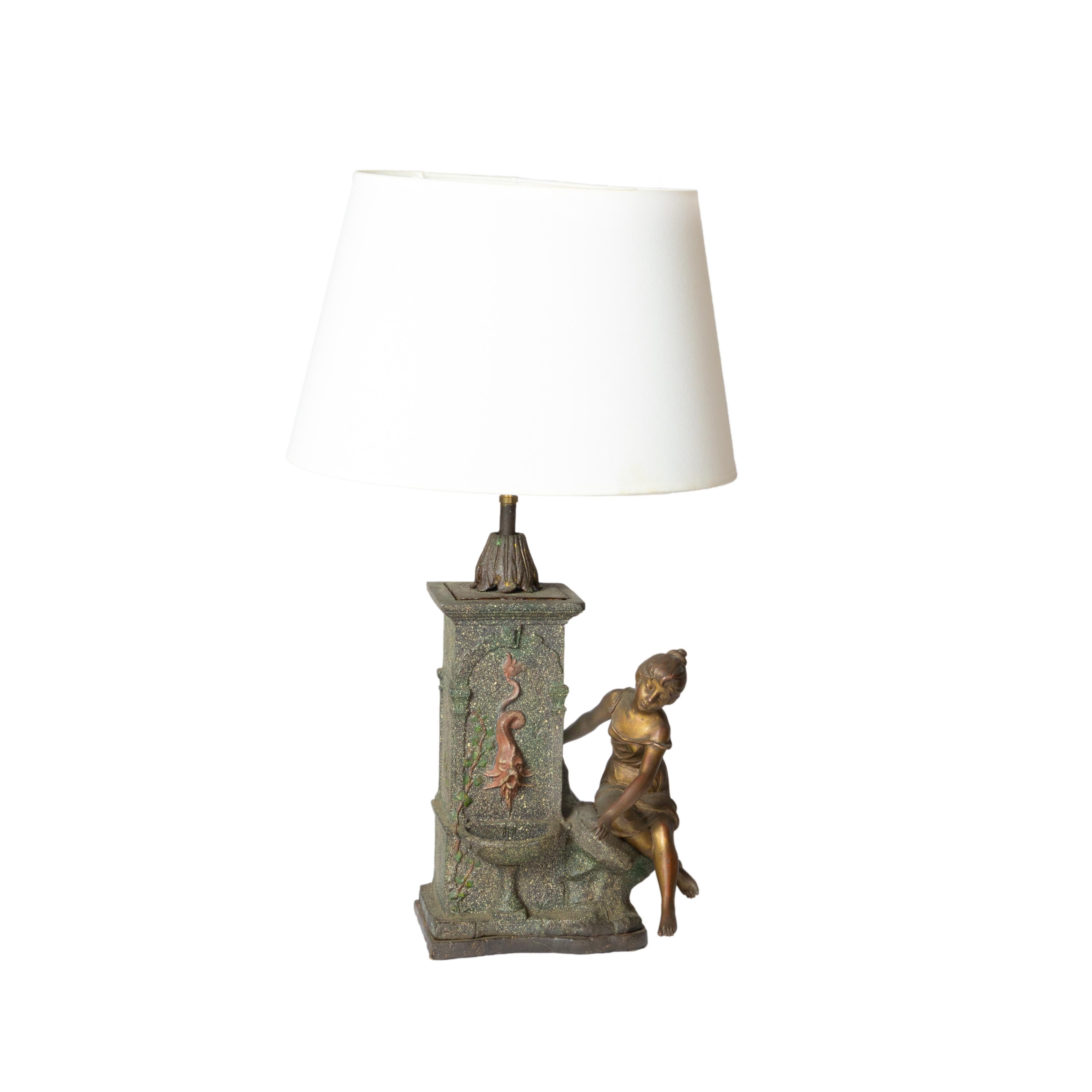 Patinated French Louis XV Style Table Lamp, Figure By «Mathurin Moreau», 19th Century For Sale