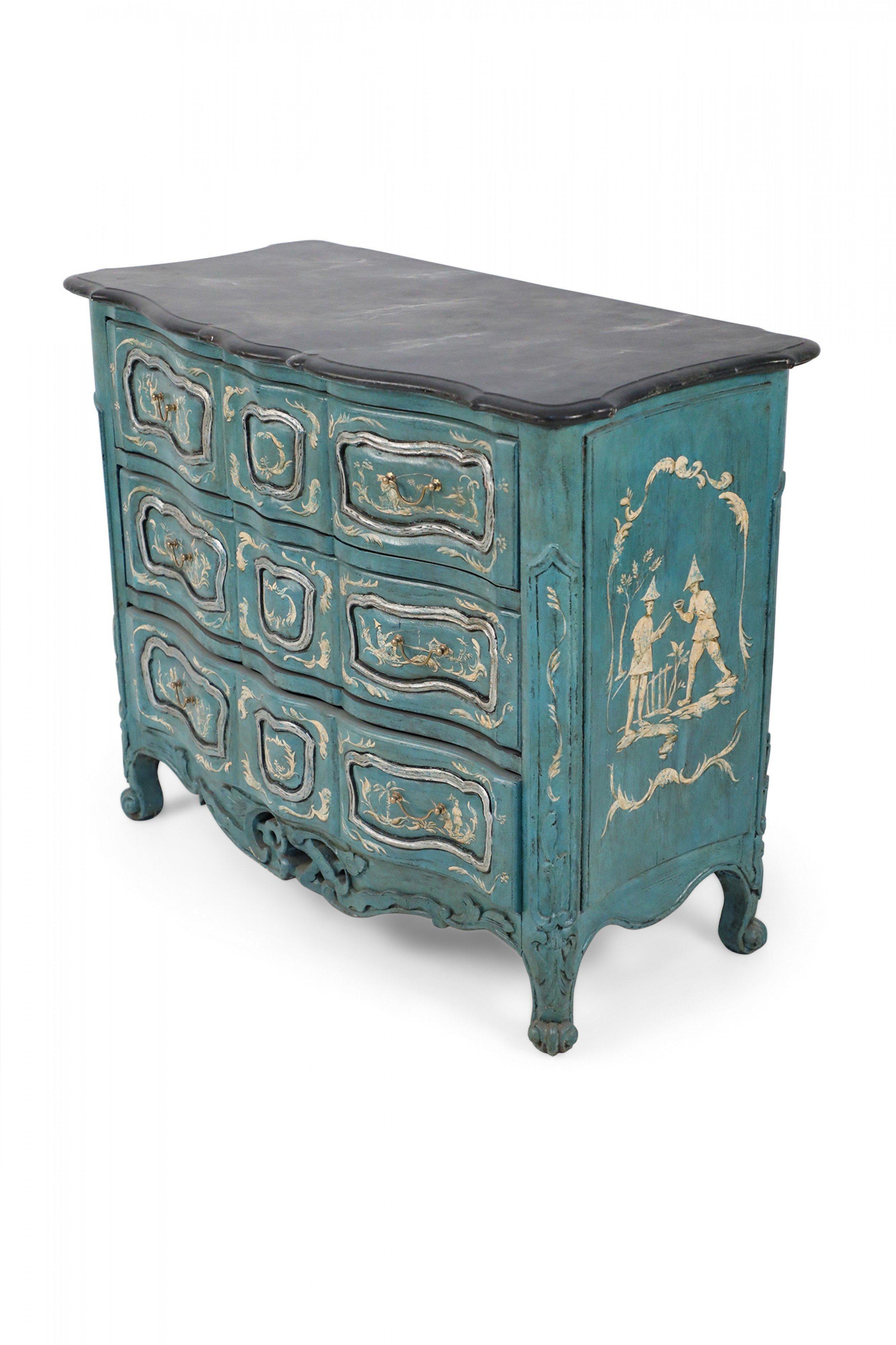 French Louis XV Style Teal Serpentine Commode For Sale 5