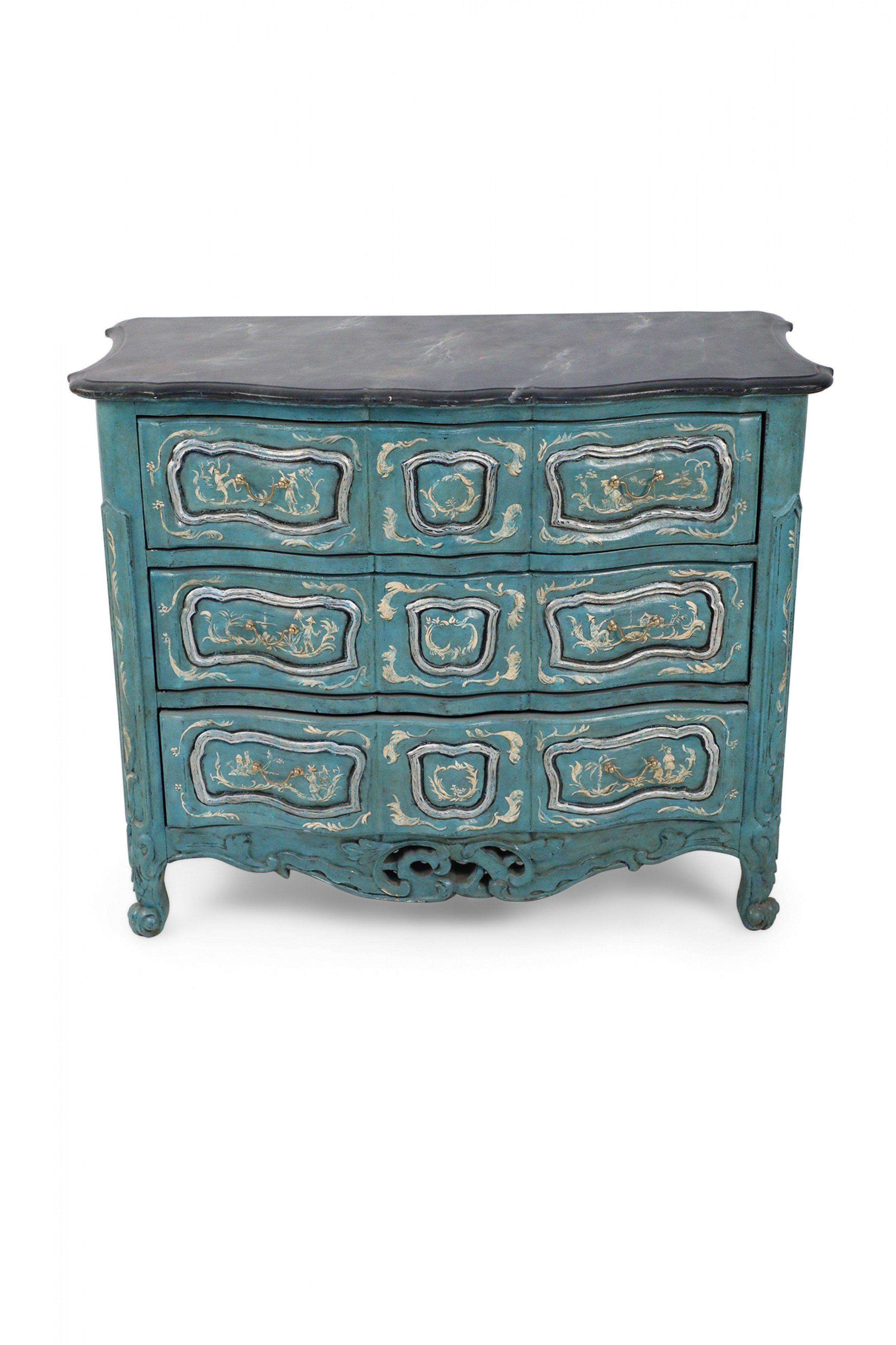 French Louis XV Style Teal Serpentine Commode For Sale 12