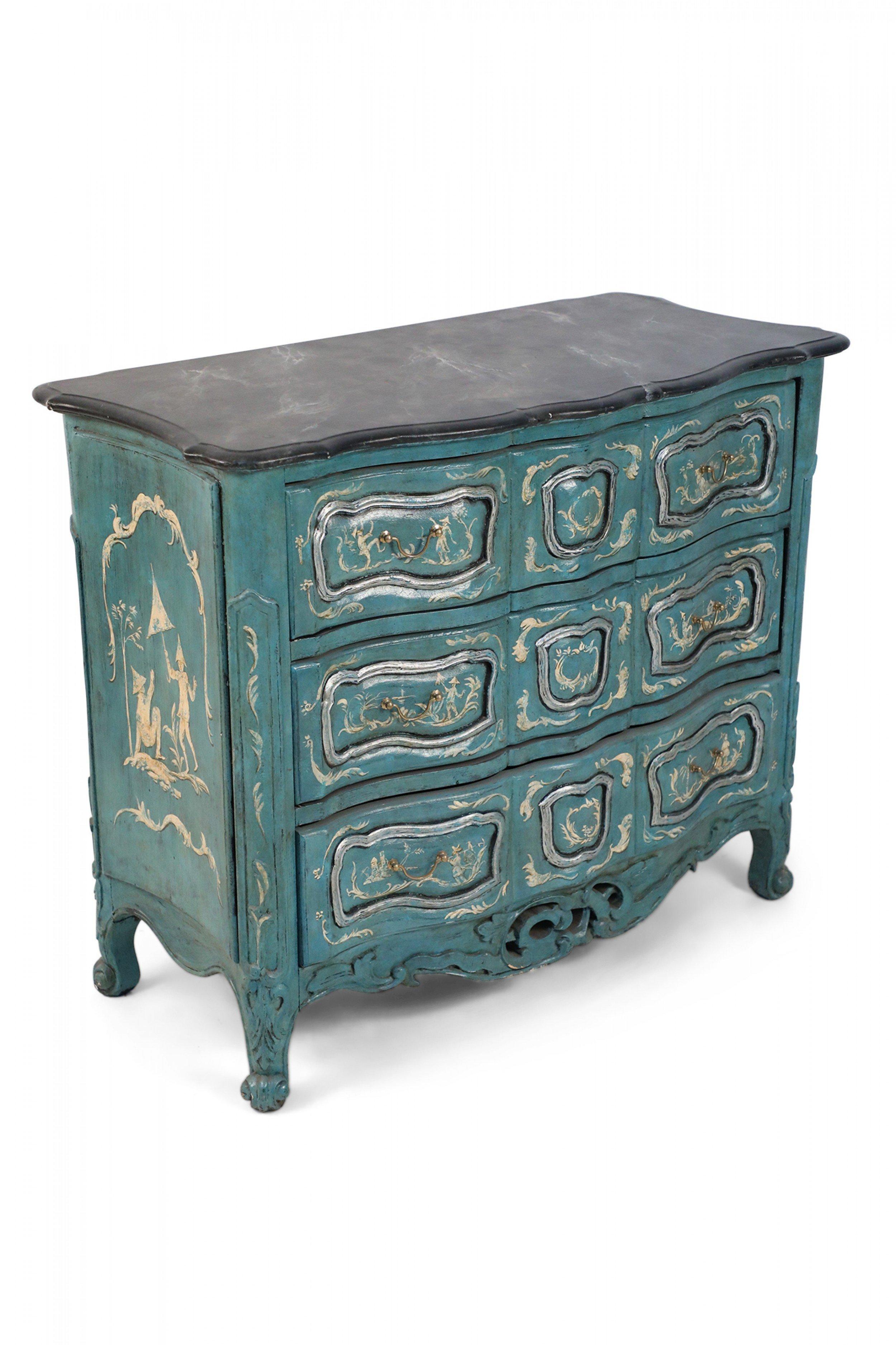 French Louis XV-style serpentine commode that contrasts a smooth, scalloped gray painted faux marble top with a wooden, teal-painted body of undulated drawers with gold pulls and petite, carved cabriole legs with ball feet connected by a carved,