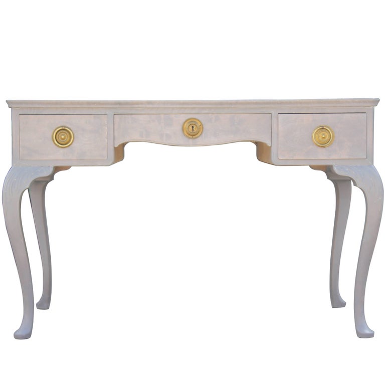 French Louis Xv Style Three Drawer Grey Desk With Brass Hardware