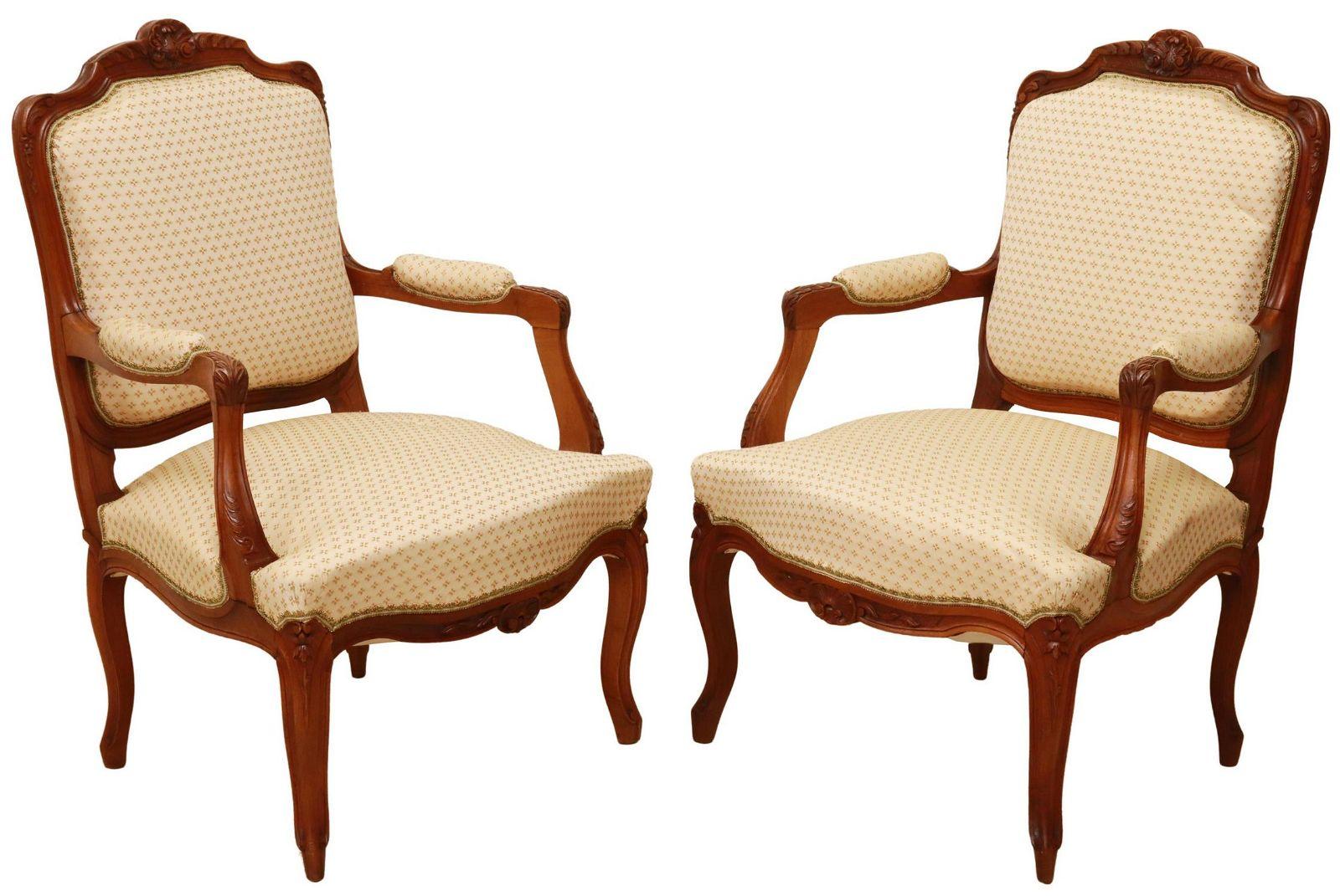 French Provincial French Louis XV Style Upholstered Fauteuils Arm Chairs, a Pair For Sale