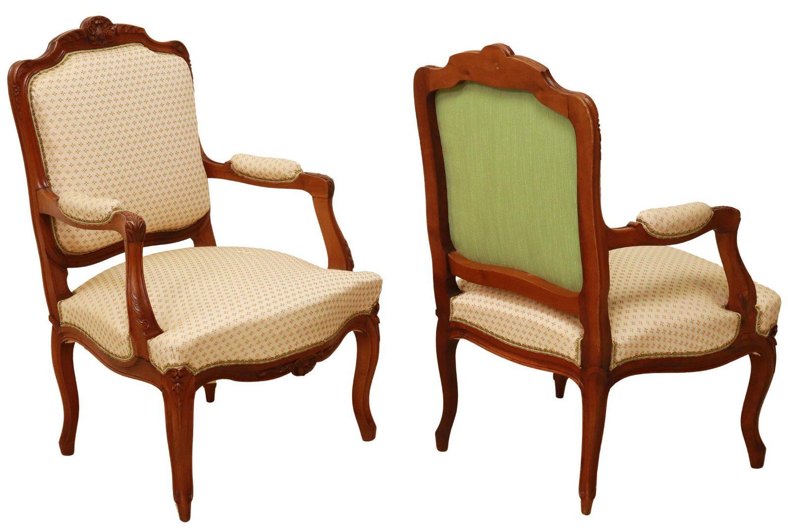 Hand-Crafted French Louis XV Style Upholstered Fauteuils Arm Chairs, a Pair For Sale
