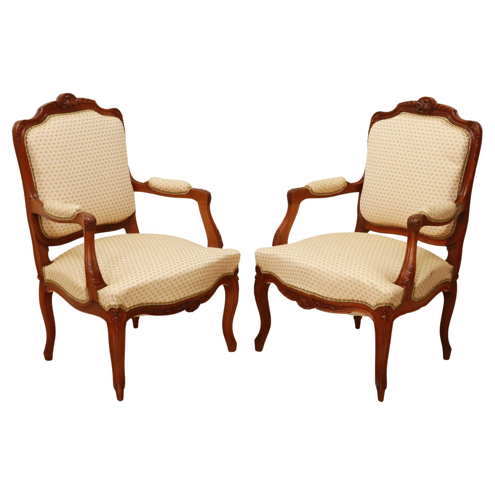 French Louis XV Style Upholstered Fauteuils Arm Chairs, a Pair For Sale