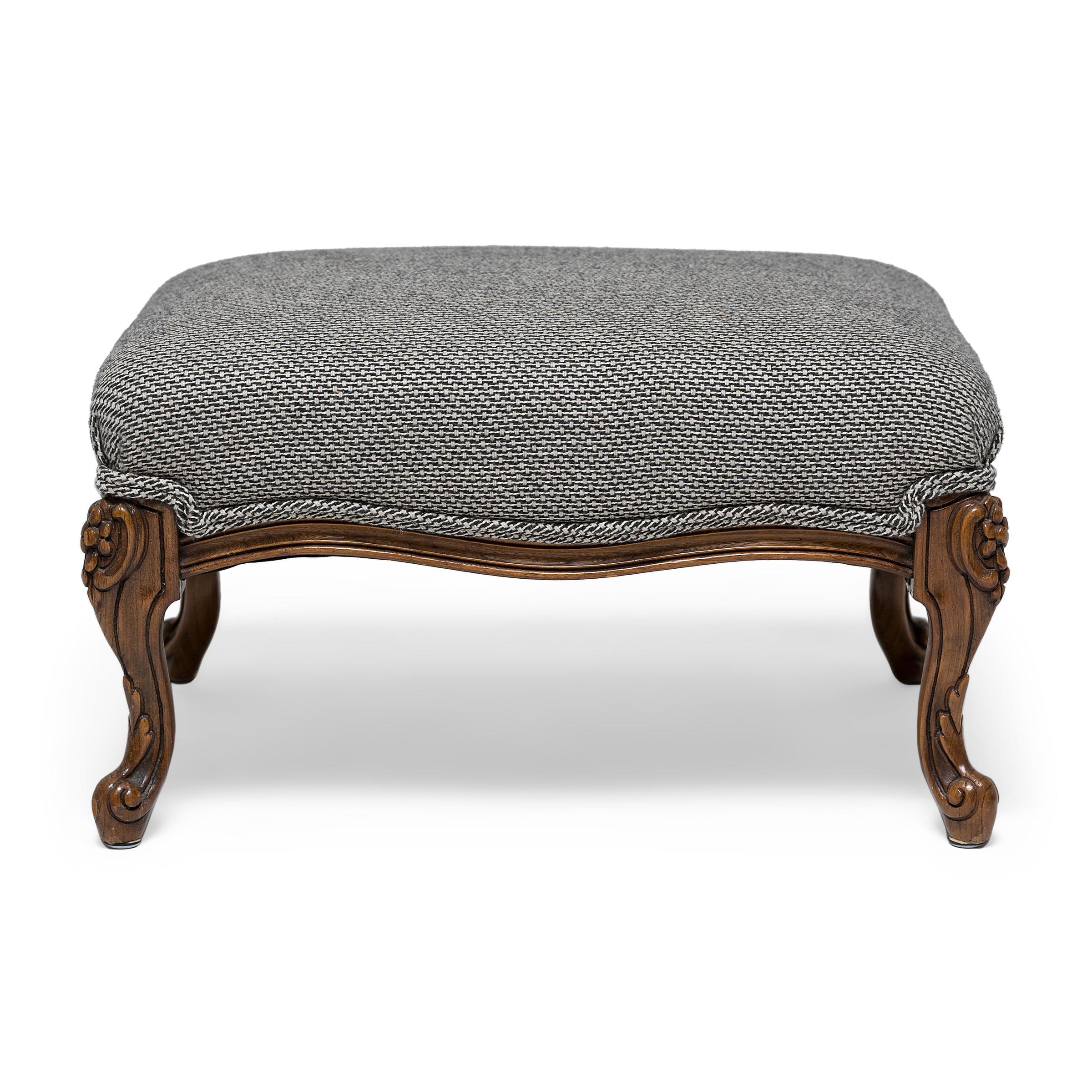 Carved French Louis XV Style Upholstered Footstool, c. 1850 For Sale