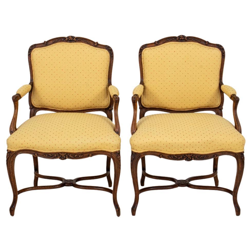 French Louis XV Style Upholstered Oak Armchair, 2 For Sale