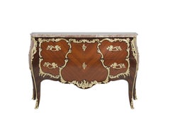 French Louis XV Style Wallnut Parquetry ‘Bombé’ Commode with Ormolu Mounts