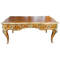 French Louis XV Style Walnut and Bronze Writing Desk / Bureau Plat Leather Top 