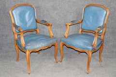 French Louis XV Style Walnut and Leather Set of 10 Dining Chairs C. 1940s