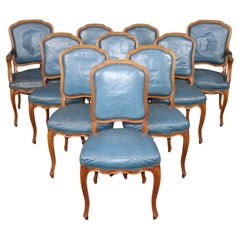 French Louis XV Style Walnut and Leather Set of 10 Dining Chairs C. 1940s