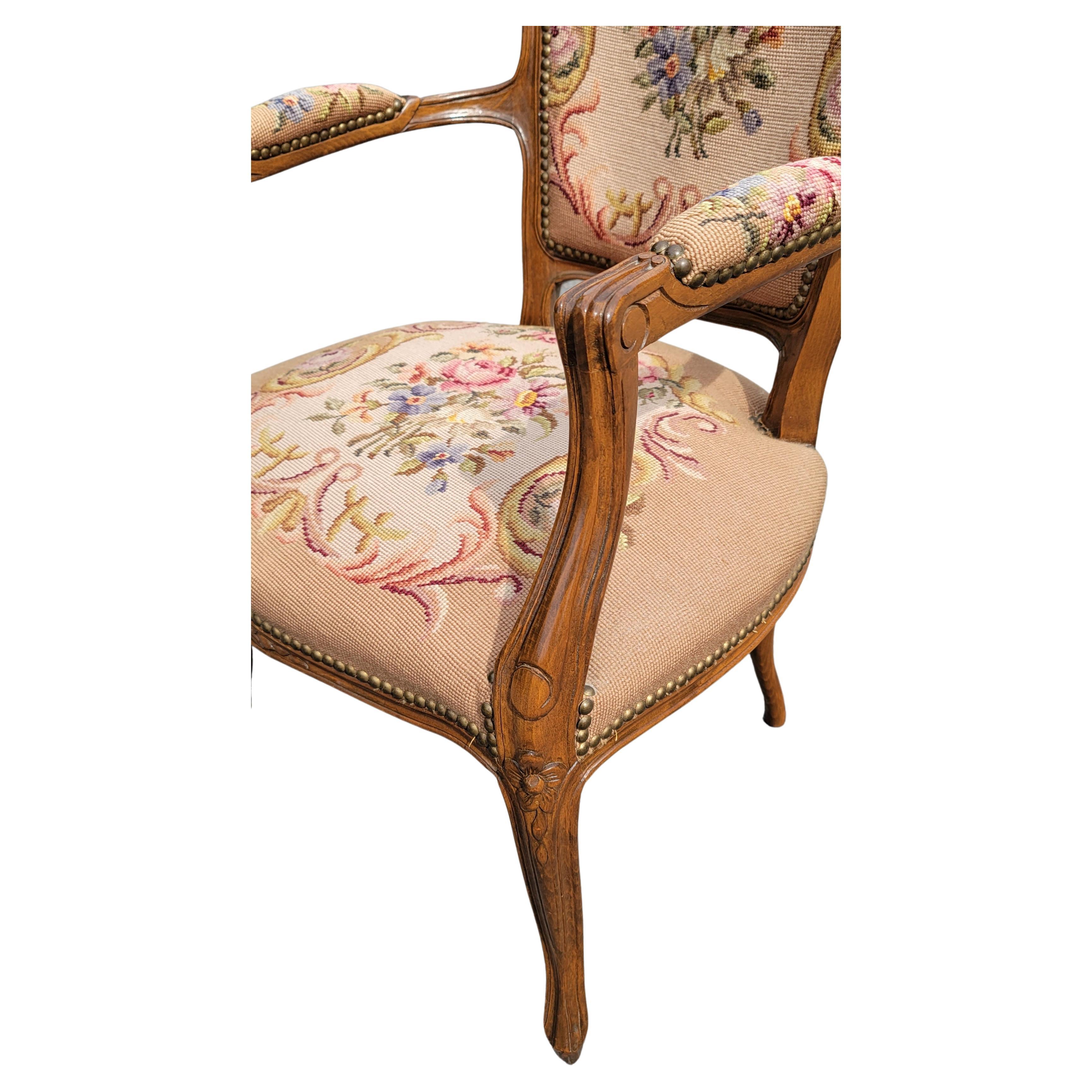 Carved French Louis XV Style Walnut and Needlepoint Upholstered Bergère Chair