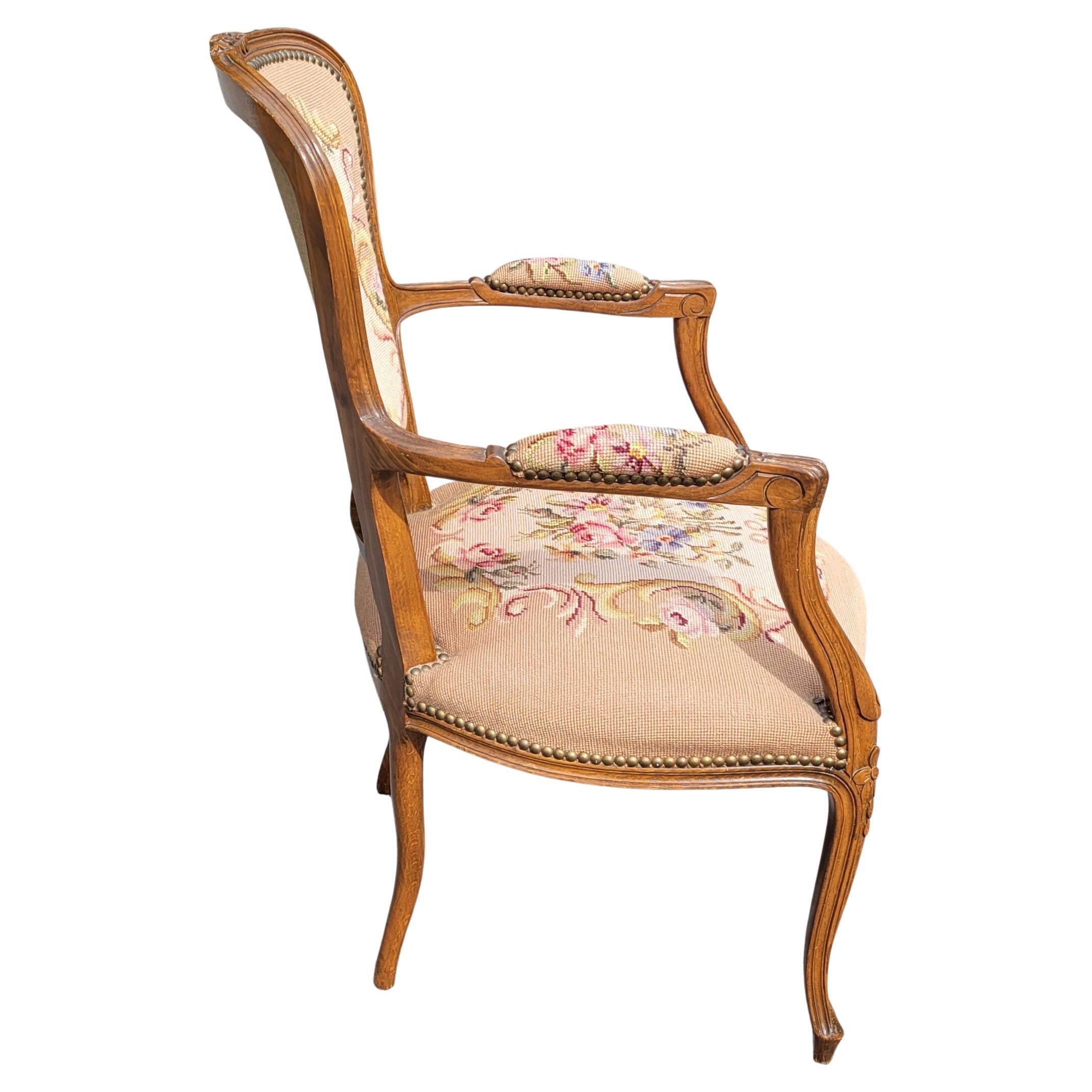 19th Century French Louis XV Style Walnut and Needlepoint Upholstered Bergère Chair