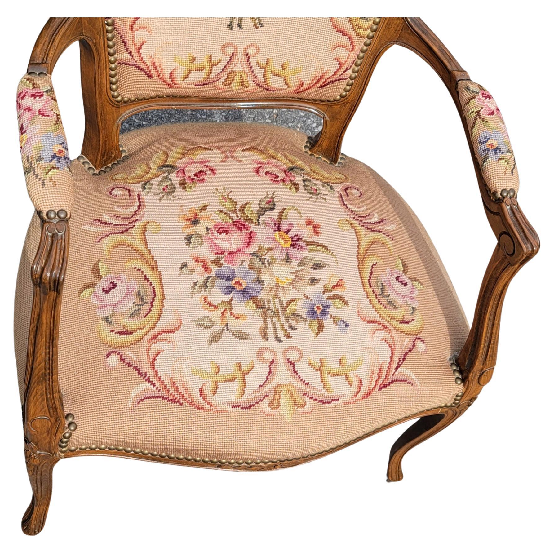 Upholstery French Louis XV Style Walnut and Needlepoint Upholstered Bergère Chair