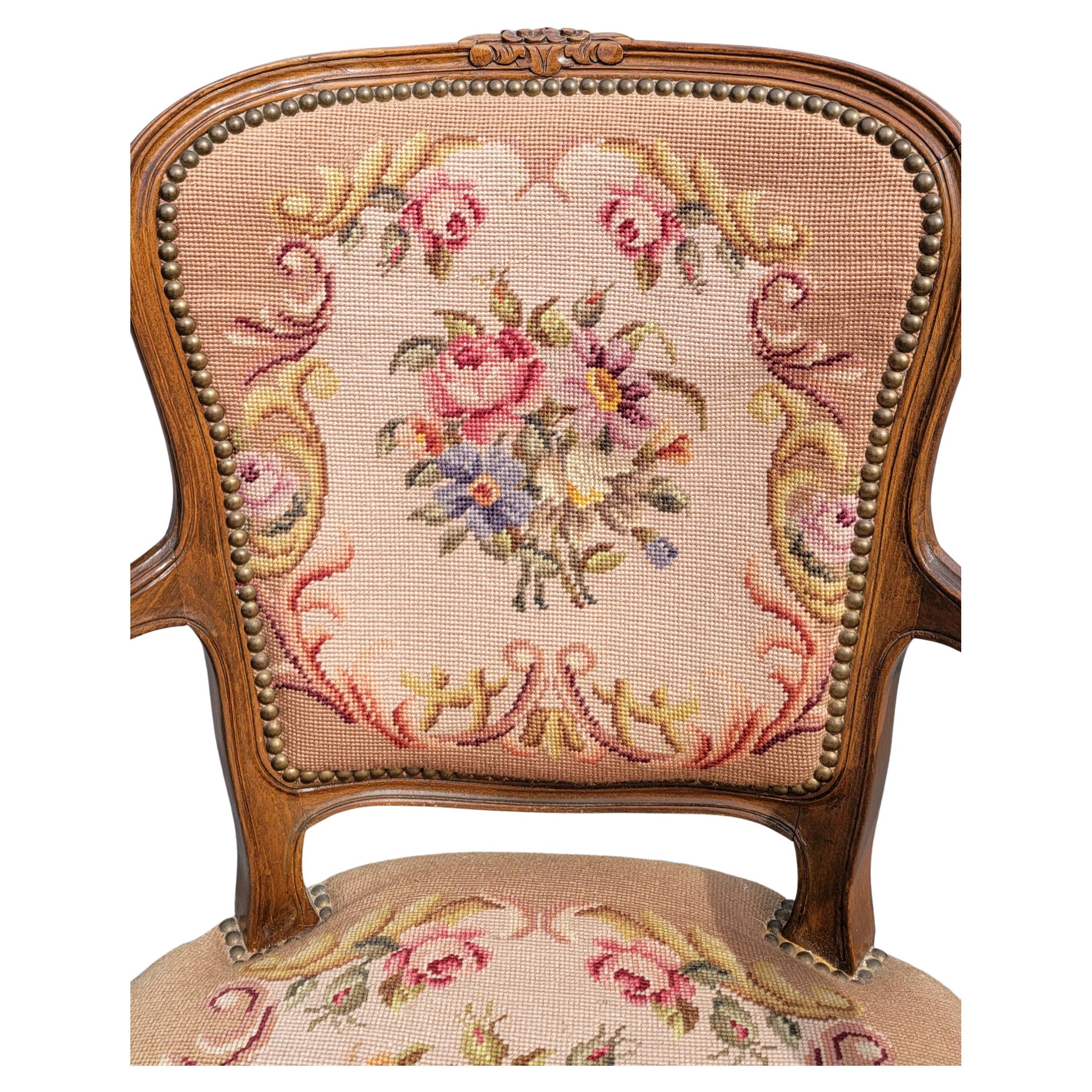 French Louis XV Style Walnut and Needlepoint Upholstered Bergère Chair 1