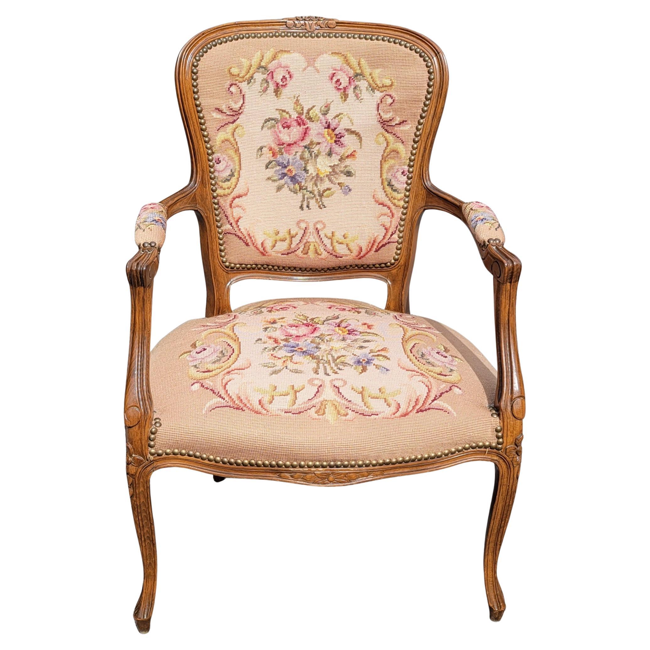 French Louis XV Style Walnut and Needlepoint Upholstered Bergère Chair 2