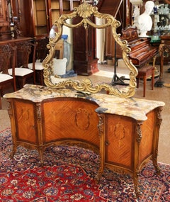 French Louis XV Style Walnut and Satinwood Inlaid Marble Top Vanity Circa 1920's
