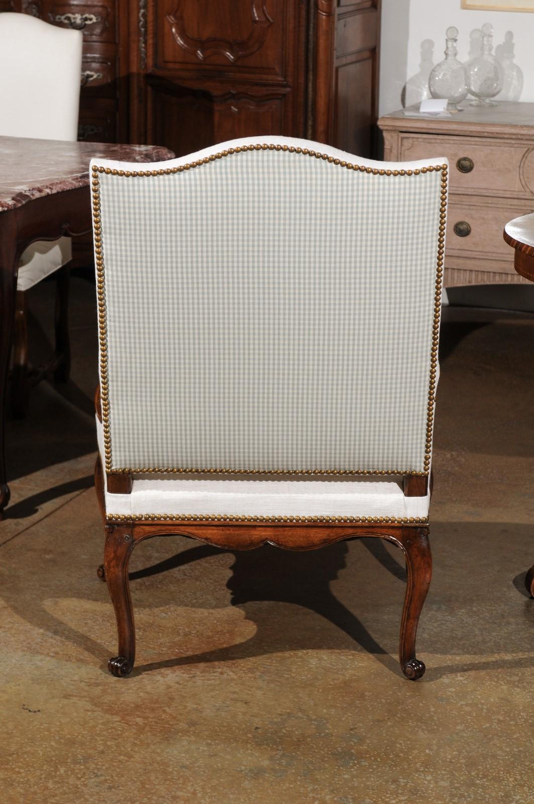 French Louis XV Style Walnut Armchair with Linen Upholstery and Brass Nailheads 5