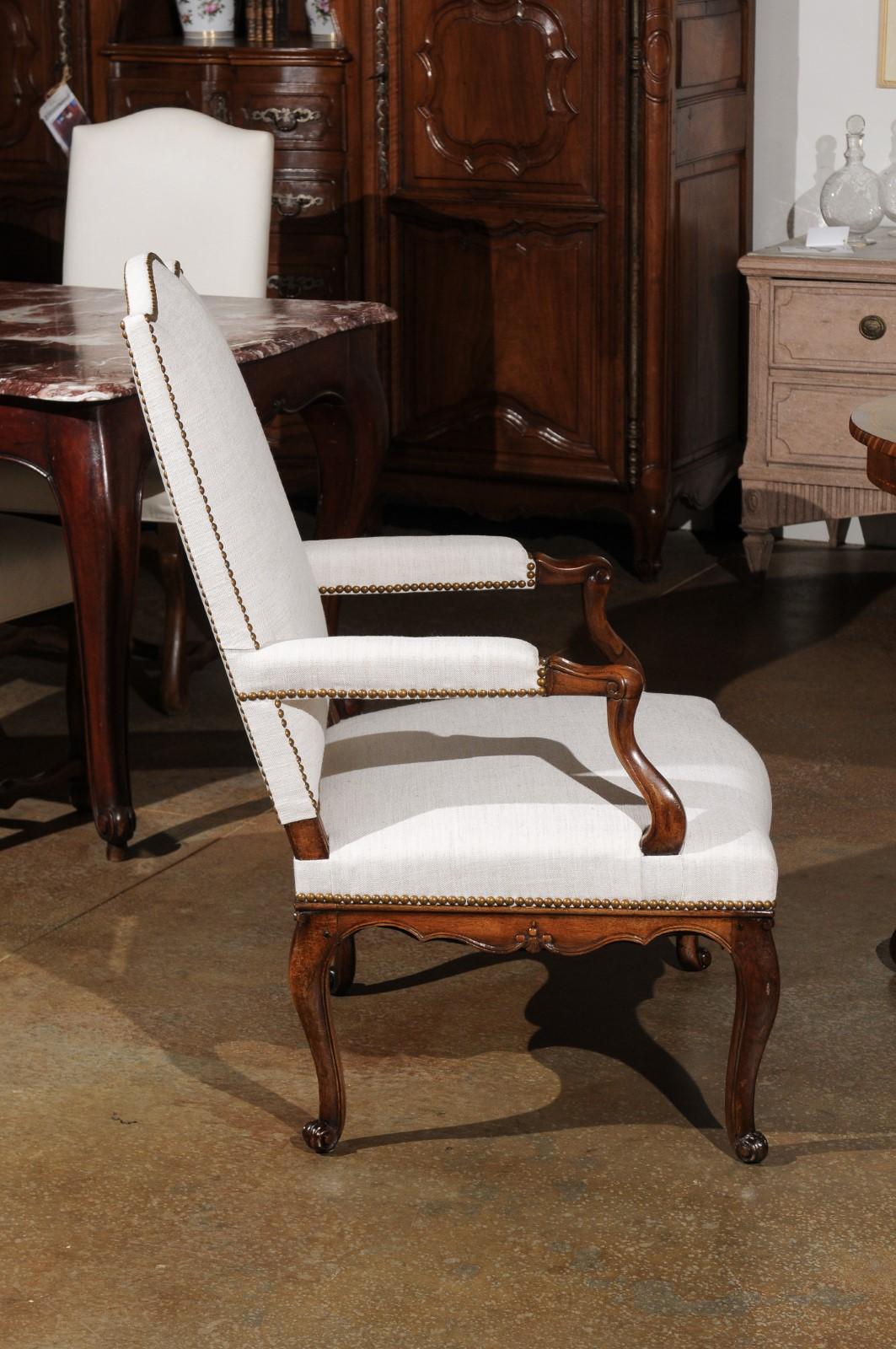 French Louis XV Style Walnut Armchair with Linen Upholstery and Brass Nailheads 6