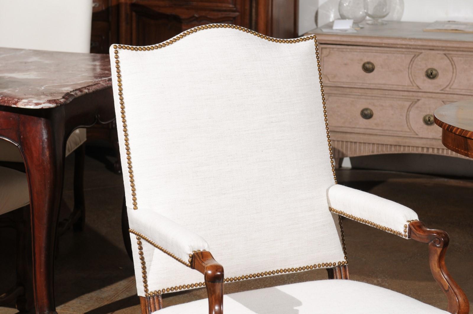 19th Century French Louis XV Style Walnut Armchair with Linen Upholstery and Brass Nailheads