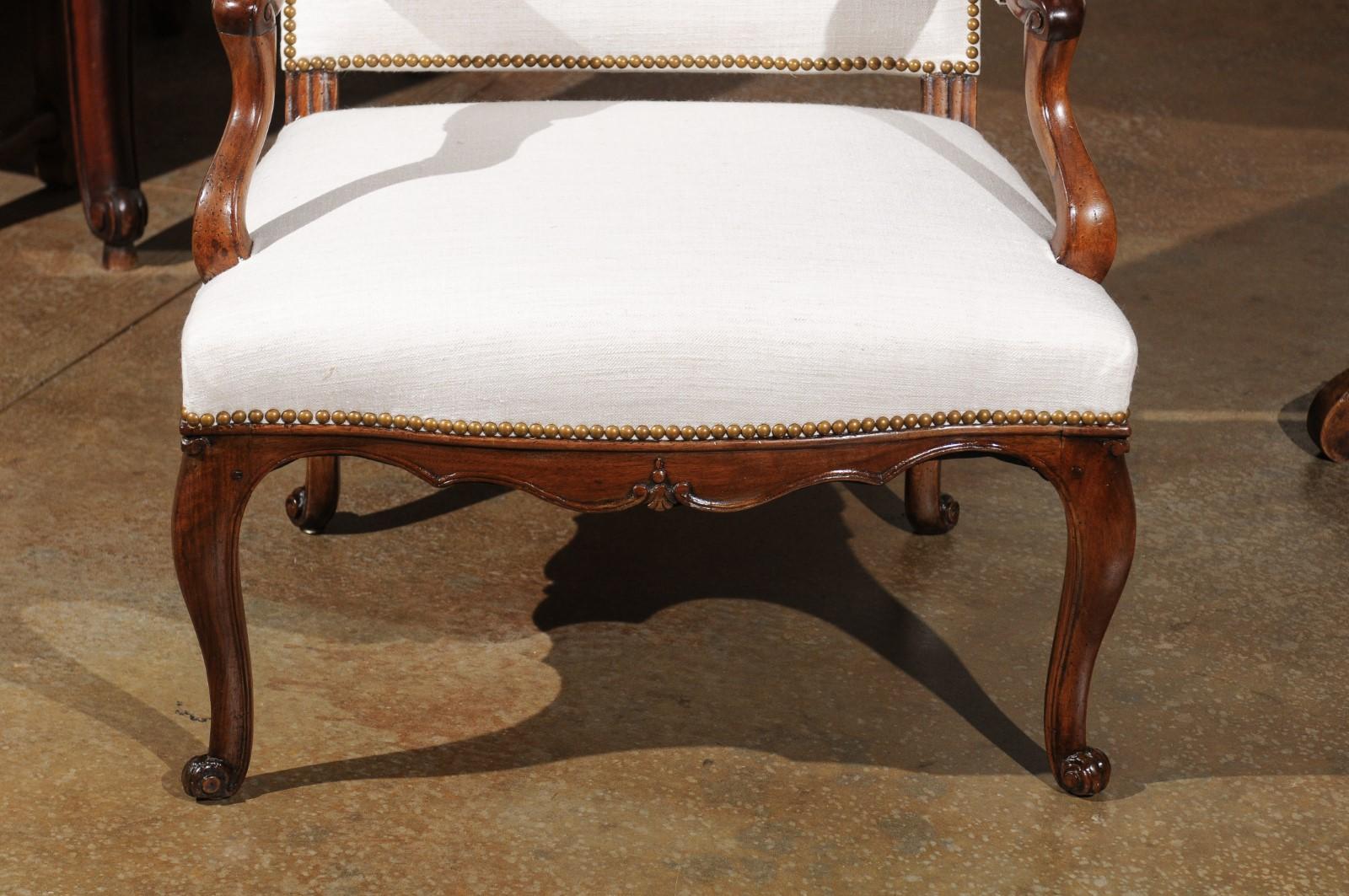 French Louis XV Style Walnut Armchair with Linen Upholstery and Brass Nailheads 2