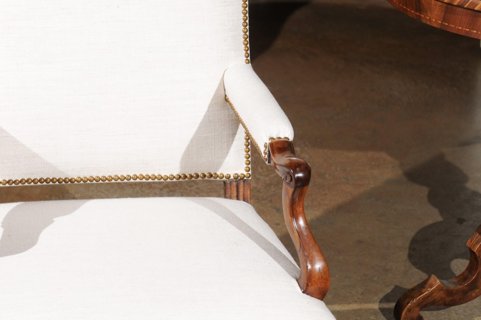 French Louis XV Style Walnut Armchair with Linen Upholstery and Brass Nailheads 3