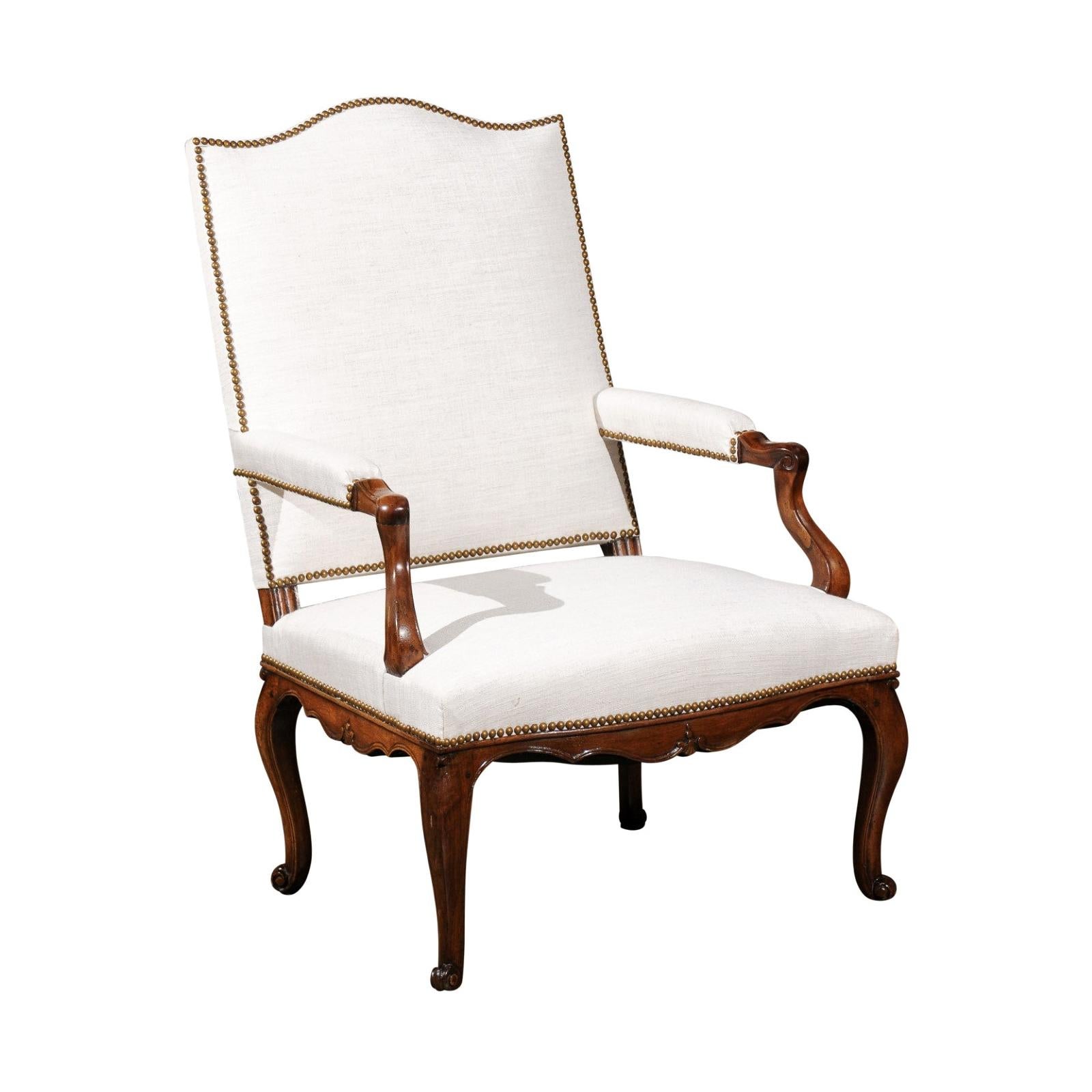 French Louis XV Style Walnut Armchair with Linen Upholstery and Brass Nailheads