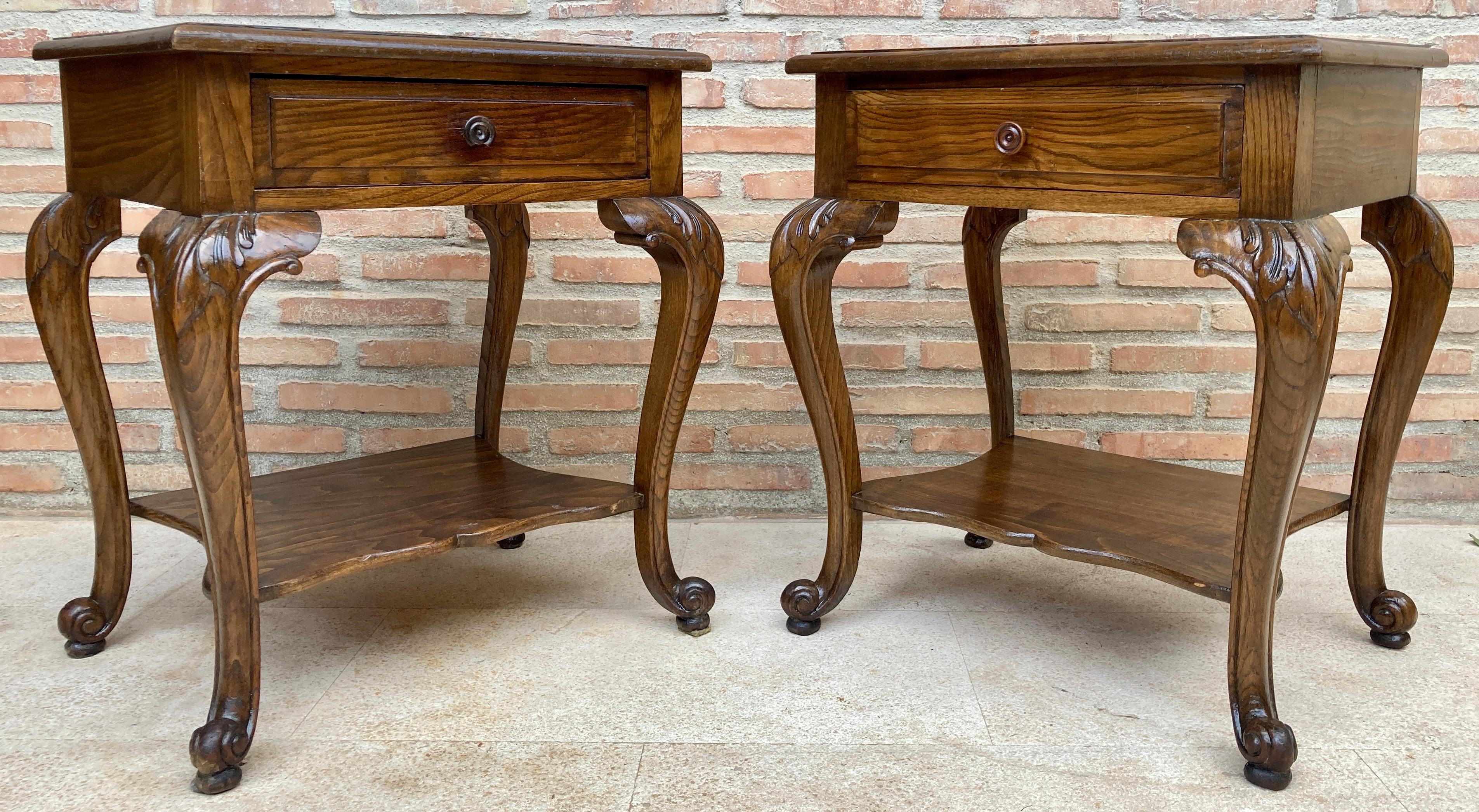 French Louis XV Style Walnut Bedside Tables with Drawer and Open Shelf, 1930s, S For Sale 6