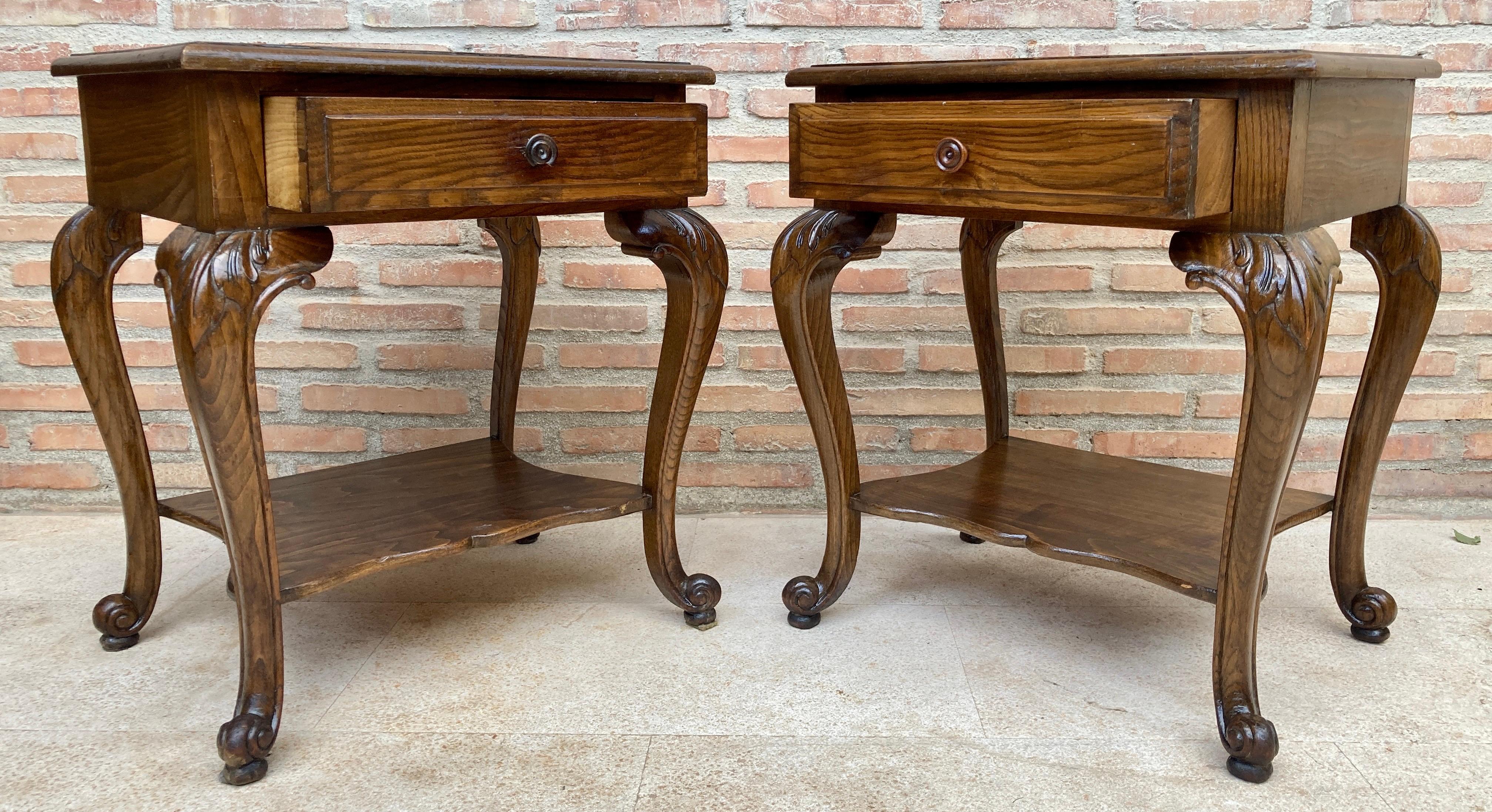 French Louis XV Style Walnut Bedside Tables with Drawer and Open Shelf, 1930s, S For Sale 8