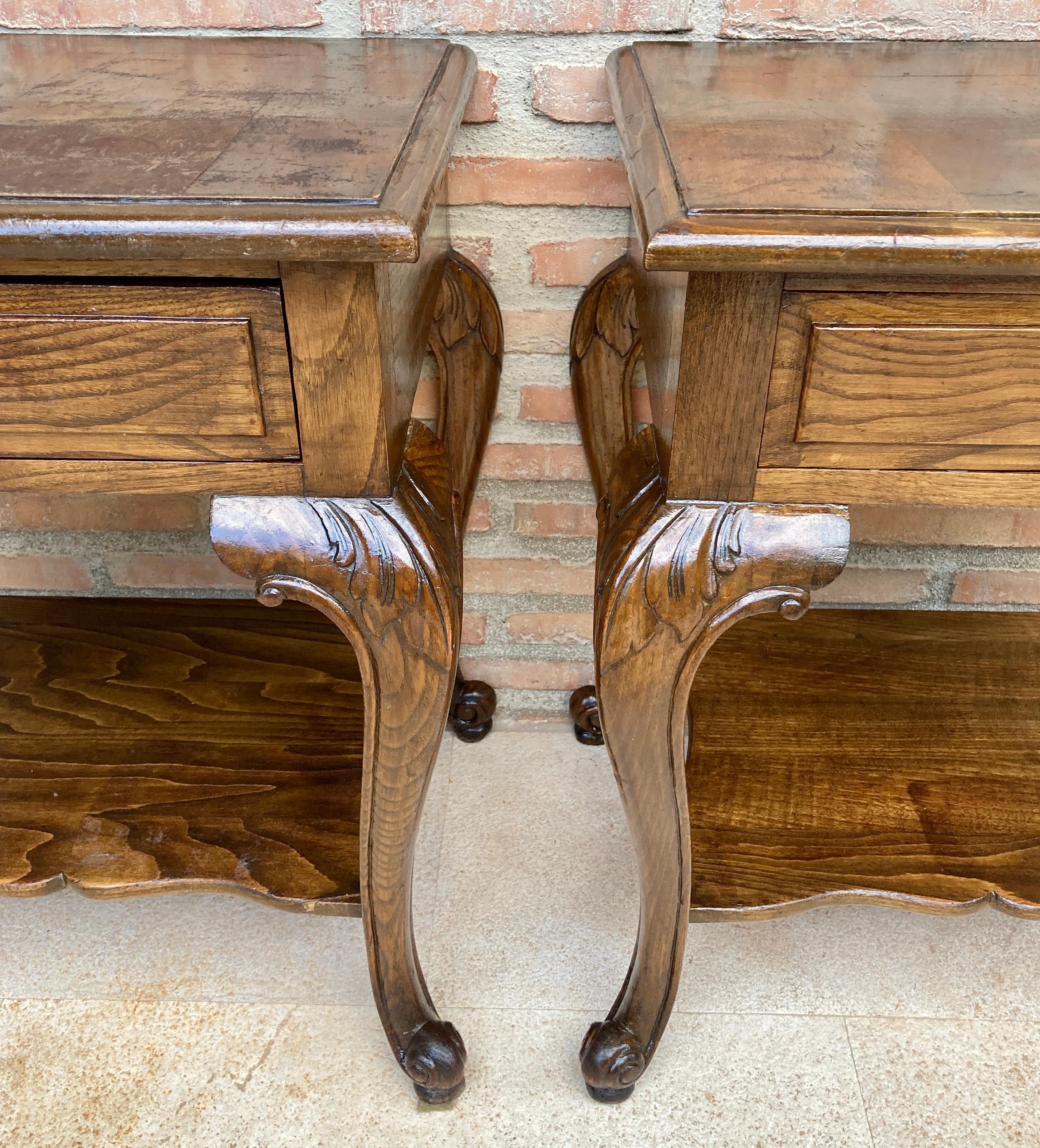 French Provincial French Louis XV Style Walnut Bedside Tables with Drawer and Open Shelf, 1930s, S For Sale