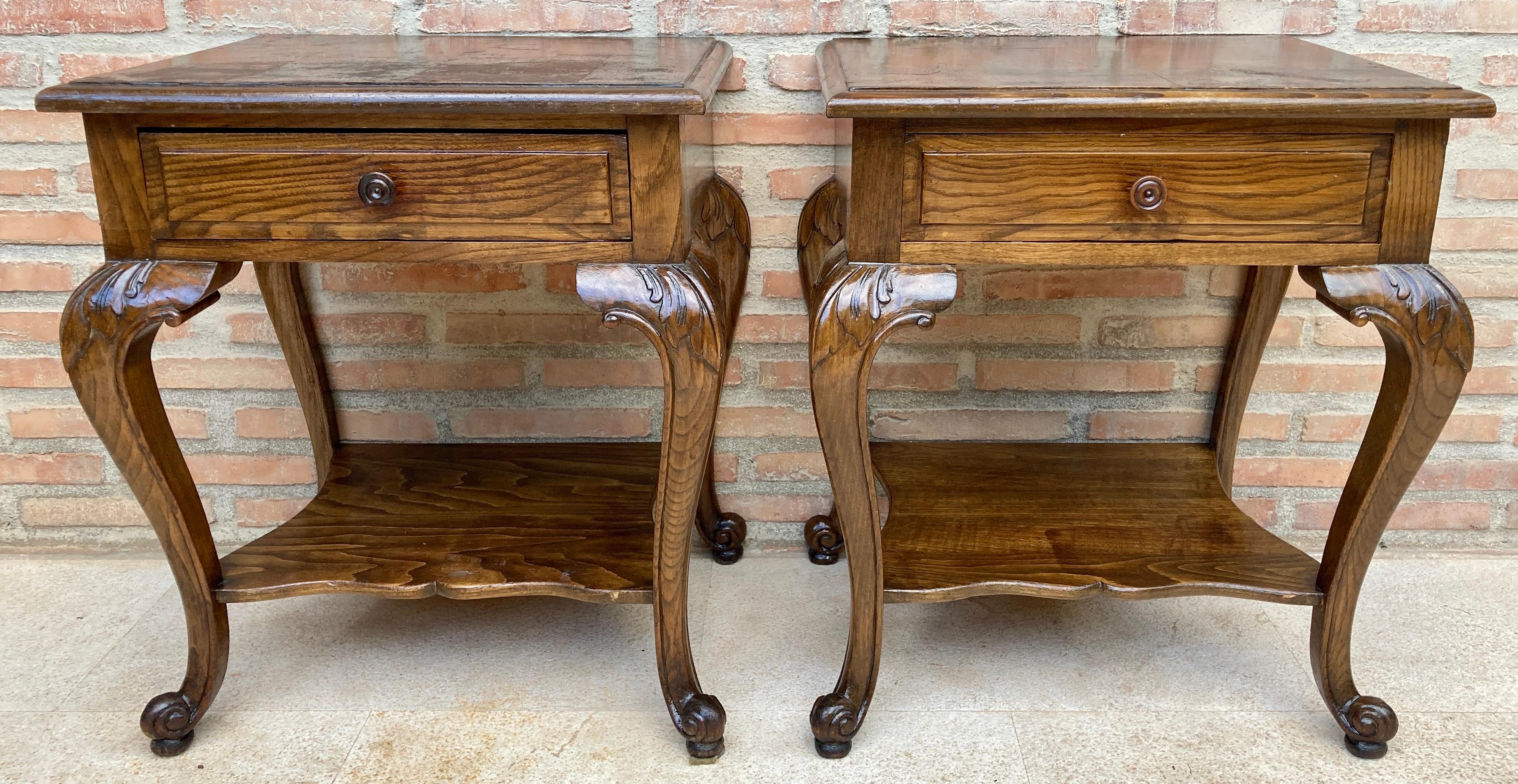 20th Century French Louis XV Style Walnut Bedside Tables with Drawer and Open Shelf, 1930s, S For Sale