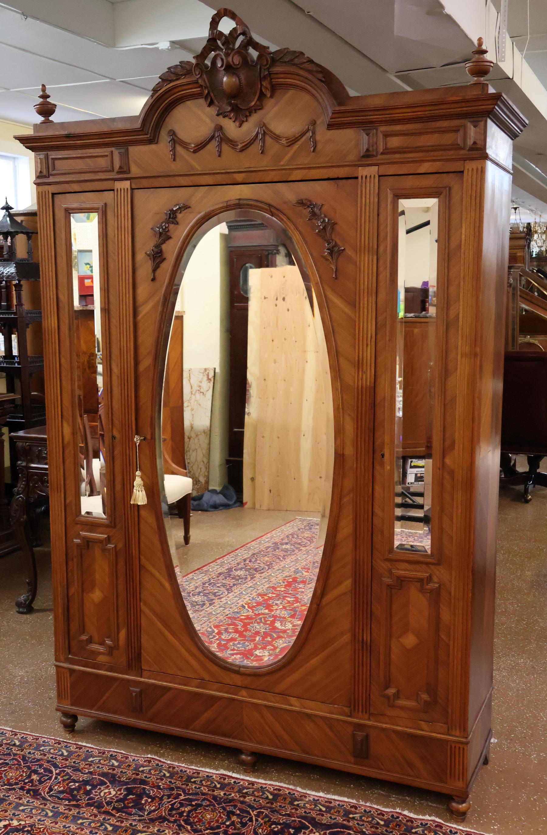 Francese French Louis XV Style Walnut Carved Mirror Door Armoire Circa 1900 in vendita