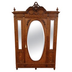 French Louis XV Style Walnut Carved Mirror Door Armoire Circa 1900