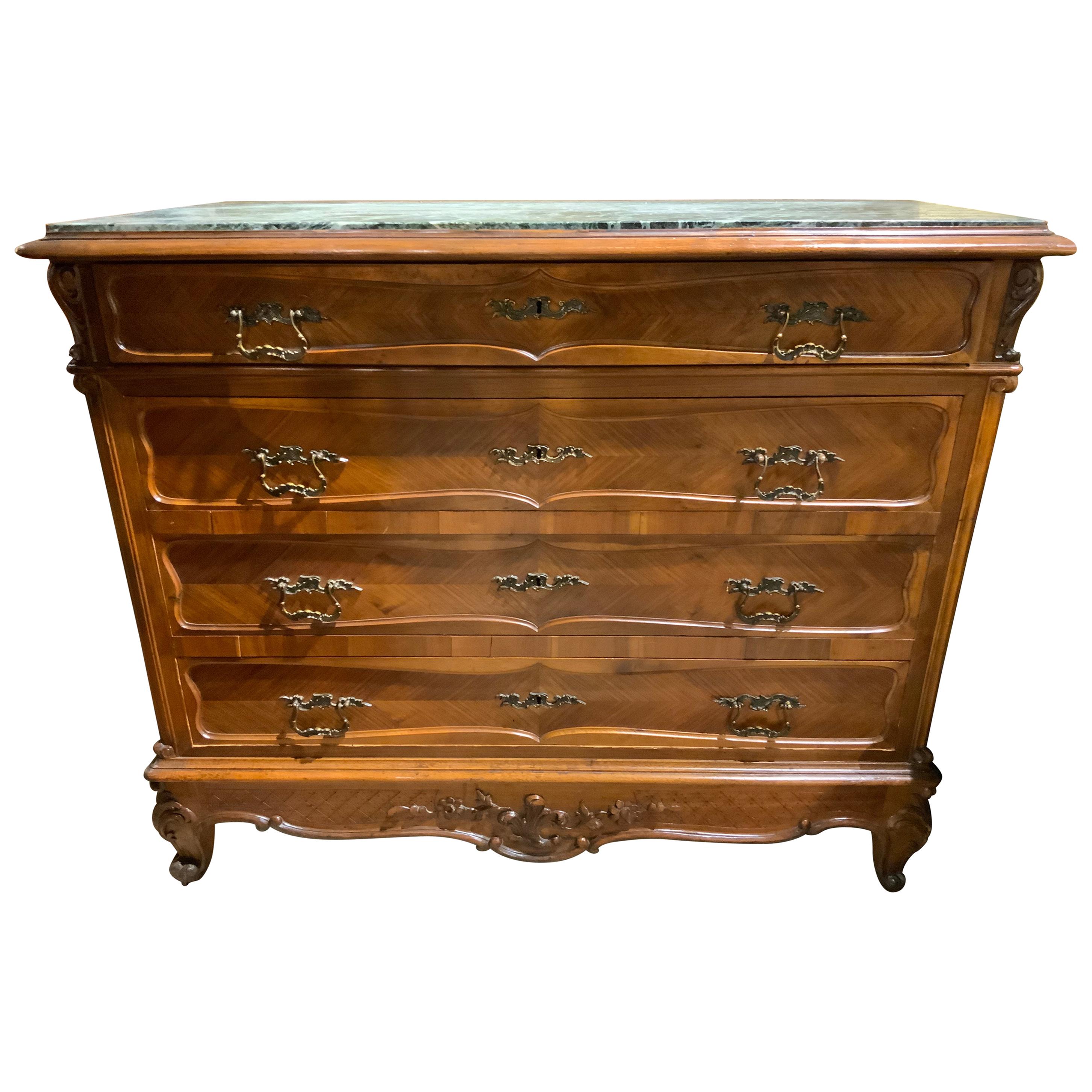 French Louis XV Style Walnut Chest of Drawers with Marble Top
