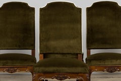 French Louis XV Style Walnut Dining Chairs in Olive Green Velvet - Set of 8