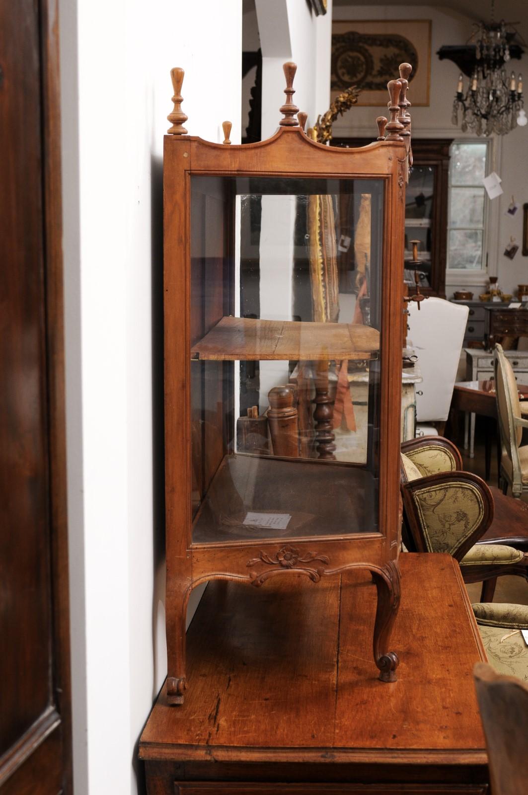 19th Century French Louis XV Style Walnut Display Cabinet with Carved Musical Instruments For Sale
