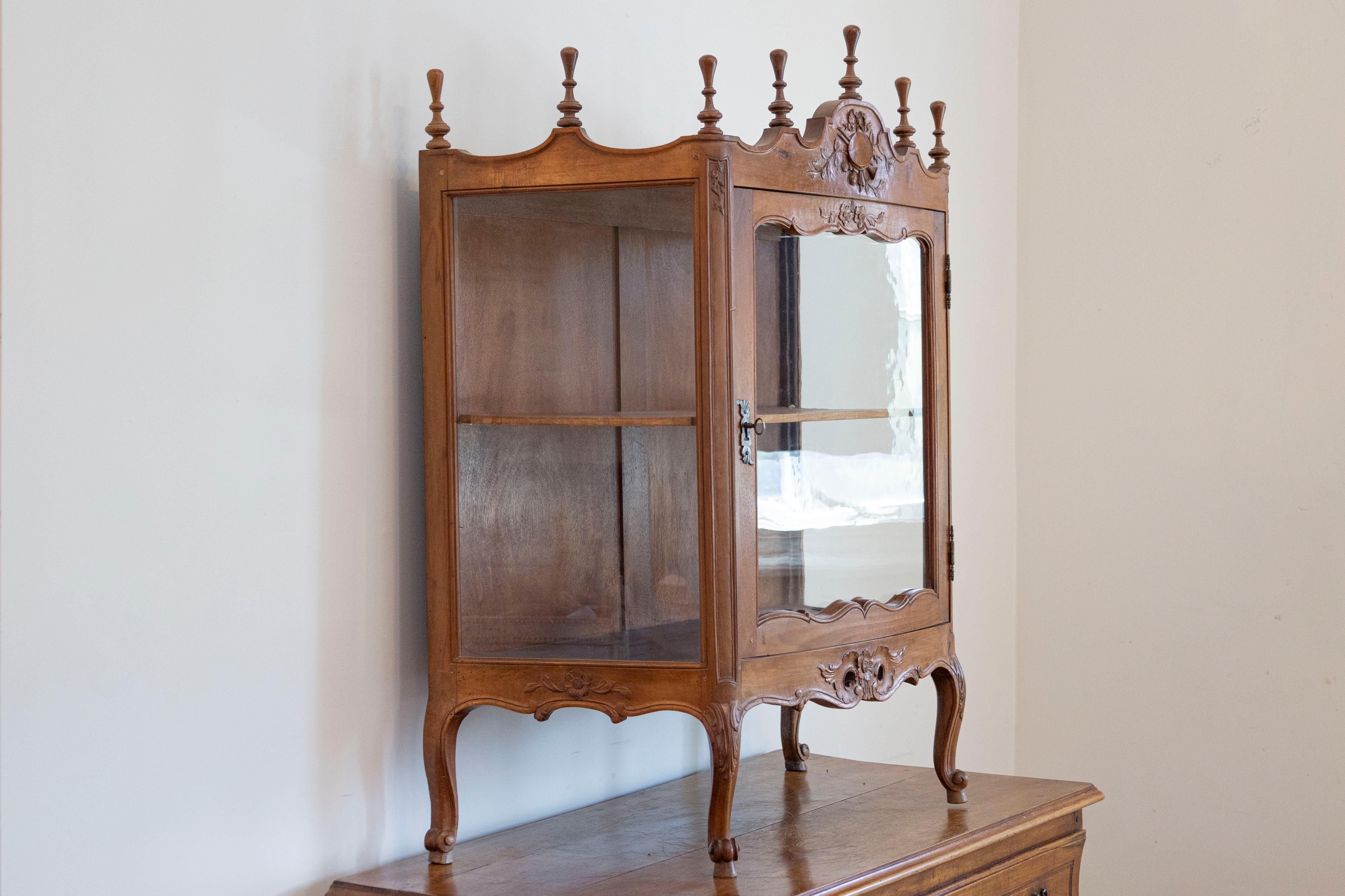 19th Century French Louis XV Style Walnut Display Cabinet with Carved Musical Instruments For Sale