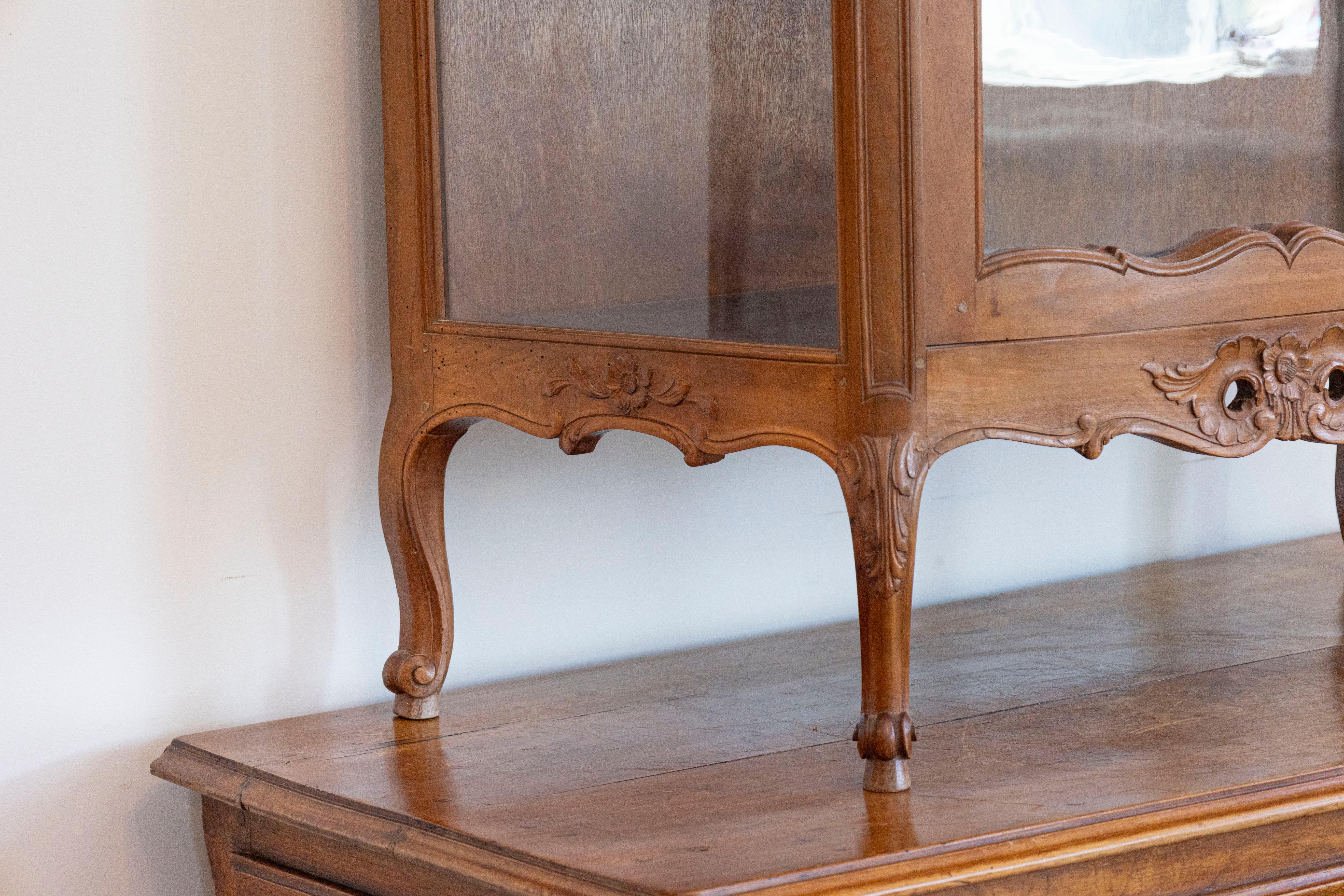 Glass French Louis XV Style Walnut Display Cabinet with Carved Musical Instruments For Sale