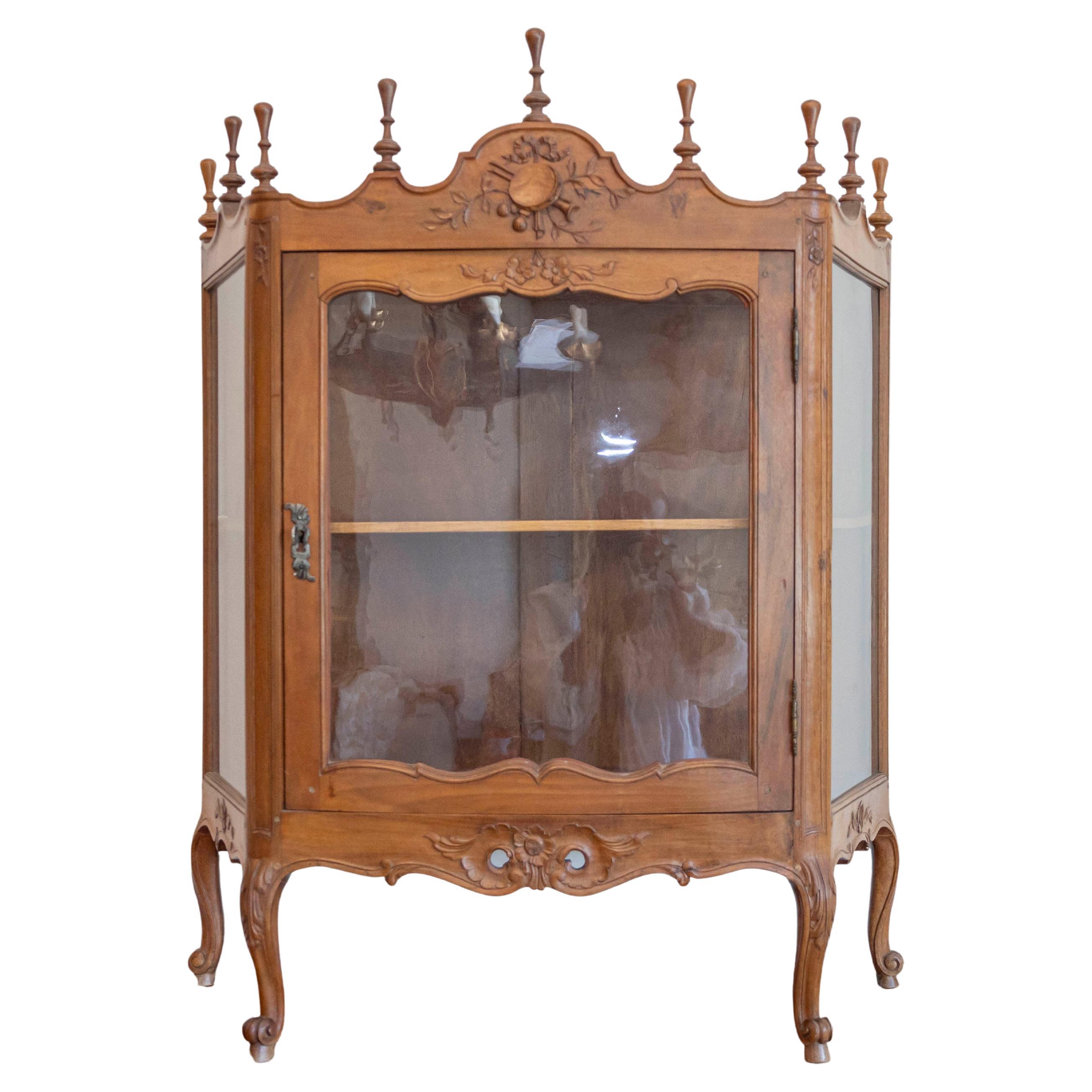 French Louis XV Style Walnut Display Cabinet with Carved Musical Instruments