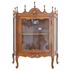 Antique French Louis XV Style Walnut Display Cabinet with Carved Musical Instruments