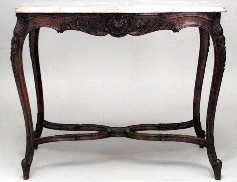 French Louis XV-style (19/20th Century) walnut rectangular end table with stretcher and marble top.
